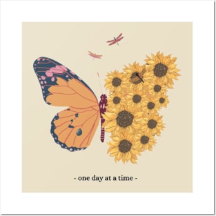 One day at a time x Sunflower Butterfly Posters and Art